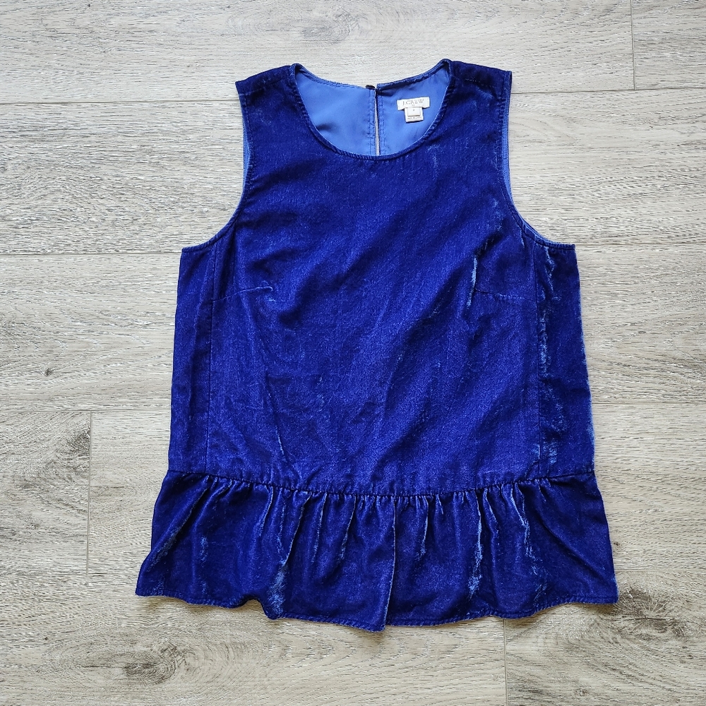 J. Crew Royal Blue Velvet Peplum Shirt Top Womens Size 2 Sleeveless Ruffles